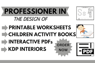 design printable worksheets, activity books, and KDP interiors for kids