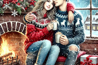 draw a unique watercolor christmas couple portrait