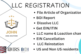 do US company registration, llc registration, dissolve llc, ein, boi report