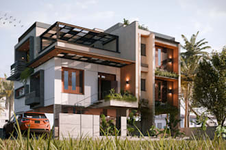 renovate building facade, architectural villa rendering, 2d to 3d floor plan,skp