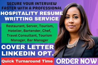write hospitality, restaurant, server, tourism, hotelier, bartender, chef resume