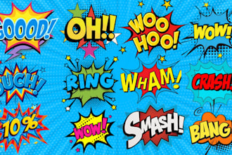 create comic art, pop art, cartoon words, slogans, hashtag, dripping logo design