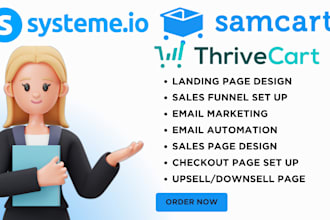build sales funnel, landing page design with samcart, thrivecart, systeme io