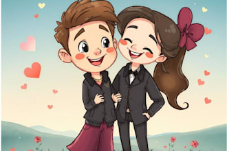 draw you cute disney cartoon couple portrait