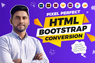convert PSD xd figma to HTML tailwind CSS, bootstrap5 js as front end developer