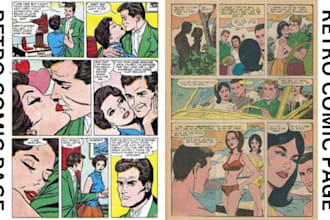 draw retro comic book page illustration, comic vintage poster, art deco pop art