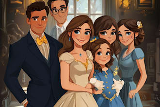 do custom anime or disney cartoon family portrait