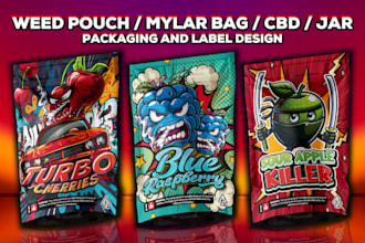 design unique weed pouch, mylar bag, jar, cbd product packaging labels