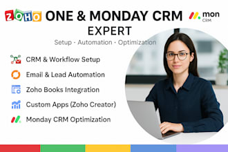set up, automate and optimize your zoho one, CRM, books, creator and monday CRM