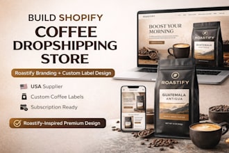 build shopify coffee dropshipping website, roastify branding custom label design