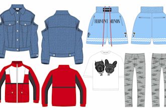design clothing flat sketch, fashion tech pack design, clothing tech pack