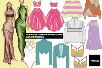 create fashion sketch and tech packs and technical drawings