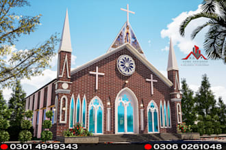 do church design elevation 3d rendering interior design