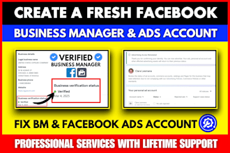 create a fresh immortal facebook business manager, ads account, fb ads manager