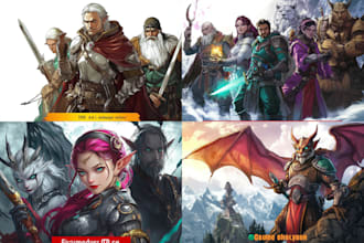 draw dnd art, fantasy character, scifi, and dnd party