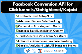 fix or set up ga4, facebook conversion API for clickfunnels, gohighlevel, kajabi