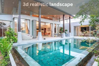 design backyard house front garden pool patio terrace 3d realistic landscape