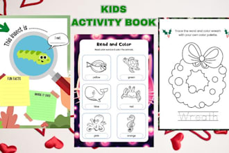 design kids activity book, kids coloring book, kids worksheet, book cover design