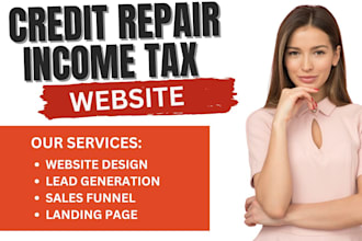 design credit repair, tax website, income tax, agency, bookkeeping, landing page