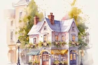 paint a watercolor house portrait or city space illustration
