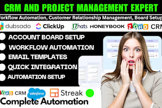 setup honeybook crm, 17hats, dubsado, clickup, zoho crm, suitedash, automation