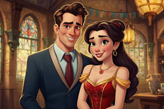 draw disney  cartoon couple portrait