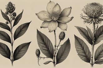 create custom botanical illustration, concept art, sketches for book