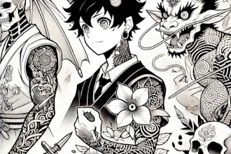 tattoo illustration anime style in lines