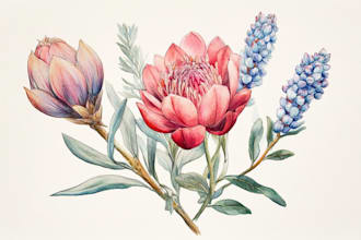 watercolor botanical illustrations of flowers and plants