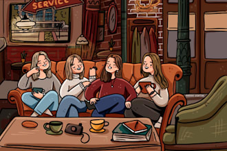 draw a cute cartoon commission illustration for anniversary