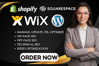manage, update, fix optimize website SEO on wordpress, shopify, wix, squarespace