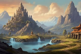 draw detailed digital fantasy landscapes, no ai