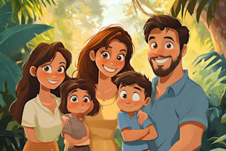 draw a realistic disney family or group portrait from a photo