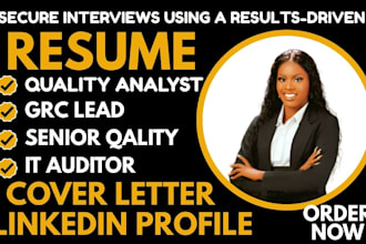 write quality assurance, QA technician, QA lead, IT auditor and grc lead resume