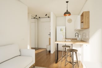 redesign tiny apartment visualization, bedroom interior,cgi bathroom walkthrough