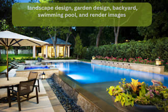 landscape design, garden design, backyard, fr, swimming pool, and render images