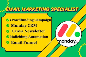 crowdfunding campaign, monday CRM, canva newsletter, mailchimp automation