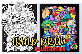 create an amazing  hand drawn cartoon illustration, vintage log with my style