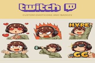 create cute chibi twitch emotes, animated emotes, sub badges for vtuber, discord