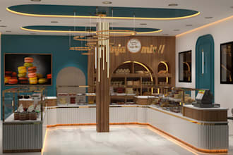 design realistic 3d interior for cafe, restaurant and bakery