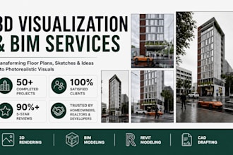 do exterior facade design and render of building from plan