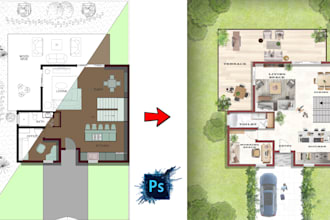 develop floor plans, site plans, elevations, sections rendering in photoshop