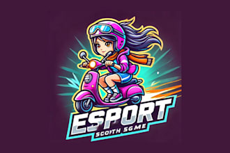create unique girl riding a scooter mascot logo with fresh concepts