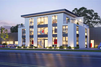 rebuild commercial exterior, render warehouse, cgi office setting working place