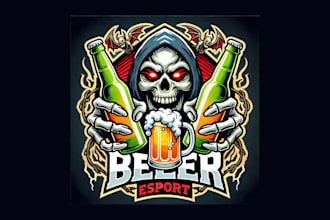 do unique skull and beer esport mascot logo for your company