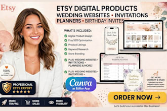design etsy digital products, wedding invitations, and planners
