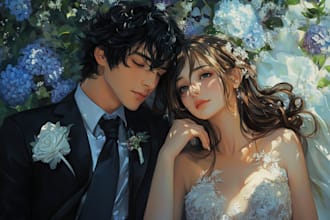 draw stunning couple and wedding portrait illustration