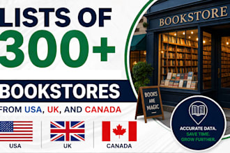provide lists of 300 bookstores from USA, UK, and canada