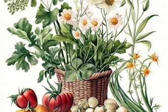 create botanical illustration of flowers, plants, and fruits