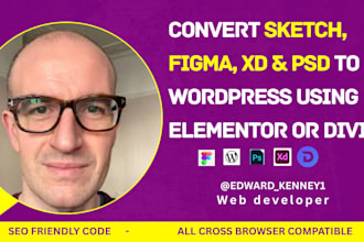 convert sketch, figma PSD, xd, or HTML to wordpress with elementor pro